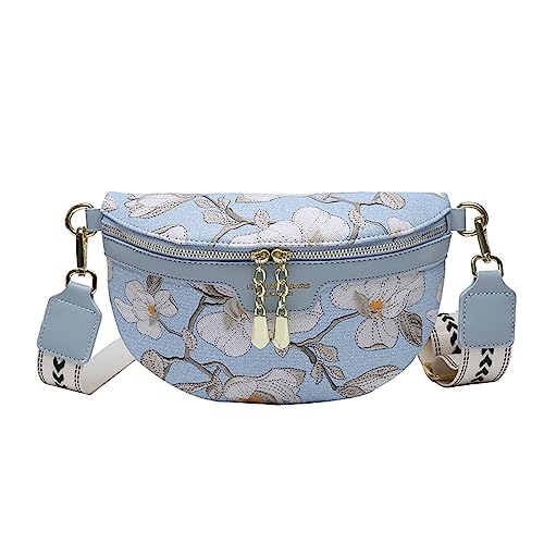 Bauchtasche Gedruckt PU Leder Taille Taschen für Frauen Kette Reißverschluss Taille Pack Weibliche Fanny Pack Breiter Gurt Crossbody Brusttasche, blau von DANETI