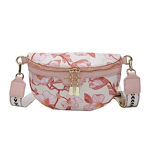 Bauchtasche Gedruckt PU Leder Taille Taschen für Frauen Kette Reißverschluss Taille Pack Weibliche Fanny Pack Breiter Gurt Crossbody Brusttasche, rose von DANETI