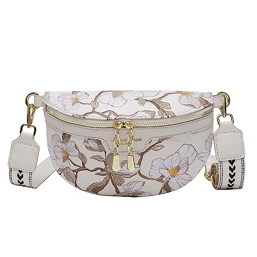 Bauchtasche Gedruckt PU Leder Taille Taschen für Frauen Kette Reißverschluss Taille Pack Weibliche Fanny Pack Breiter Gurt Crossbody Brusttasche, weiß von DANETI