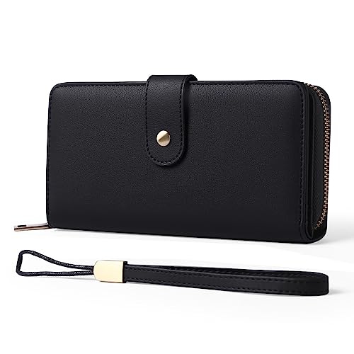 DANETI Damen Geldbörse Damen Lang Geldbörse RFID Multifunktions Damen Geldklammer PU Leder Clutch Frauen Geldbörsen, Schwarz , 19.5*10.5*3cm von DANETI