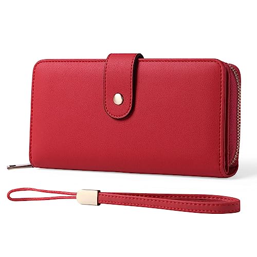 DANETI Damen Geldbörse Damen Lang Geldbörse RFID Multifunktions Damen Geldklammer PU Leder Clutch Frauen Geldbörsen, rot, 19.5*10.5*3cm von DANETI