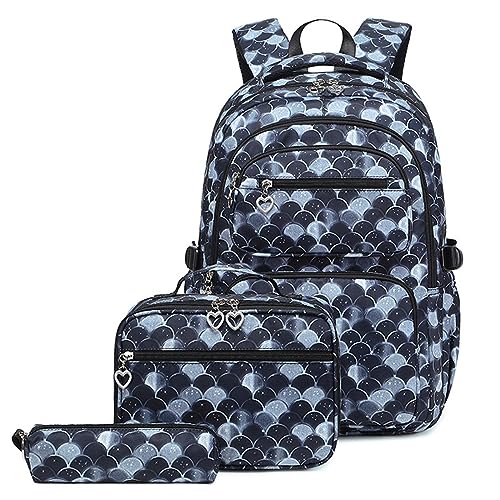 DANETI Schultaschen für Mädchen 3 Stück/Set Schultaschen für Teenager Mädchen Student Rucksack Schultasche mit Federmäppchen Lunchbox, 3black von DANETI