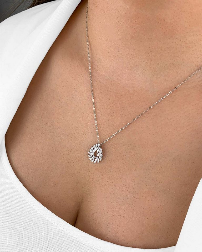 DANIEL CLIFFORD Kette mit Anhänger 'Laura' Damen Halskette Silber 925 Kristall-Anhänger Lorbeerzweig (inkl. Verpackung), größenverstellbare Silberkette 40-45cm, Blatt-Anhänger Kristalle weiß von DANIEL CLIFFORD