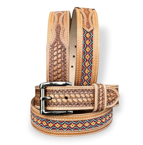 DANIEL'S ARTPLANET Westerngürtel für Herren, handgefertigt, Vollnarbenleder, mit Perlen, Cowboy-Gürtel mit abnehmbarer Schnalle, 3,8 cm, Braun, 40 (fits size 38 jeans) von DANIEL'S ARTPLANET