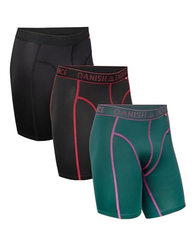 DANISH ENDURANCE 3er Pack Sport Boxershorts Herren, Mit regulärem oder langem Bein, Mehrfarbig (1x Schwarz, 1x Schwarz/Rot, 1x Grün) mit Langem Bein, XXL von DANISH ENDURANCE