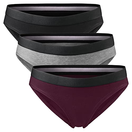 DANISH ENDURANCE Cotton Panties, Damen Slip aus Bio-Baumwolle, 3 Pack, Schwarz, Unterhose Bikini-Schnitt (Mehrfarbig (1x Dunkelgrau, 1x Schwarz, 1x Weinrot), Large) von DANISH ENDURANCE