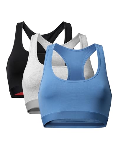 DANISH ENDURANCE Bralette-BH aus Bio-Baumwolle, Bequem, Weich, Ohne Bügel, für Damen, 3 Pack, Mehrfarbig (1x Schwarz, 1x Grau, 1x Blau), Large von DANISH ENDURANCE