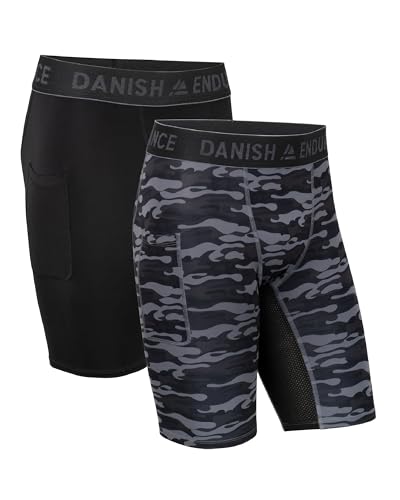 DANISH ENDURANCE Kompressions-Shorts, Sport Shorts, Kurze Leggings mit Taschen, für Herren, 2er Pack Mehrfarbig (1x Schwarz, 1x Grau Camo) 2er Pack XXL von DANISH ENDURANCE