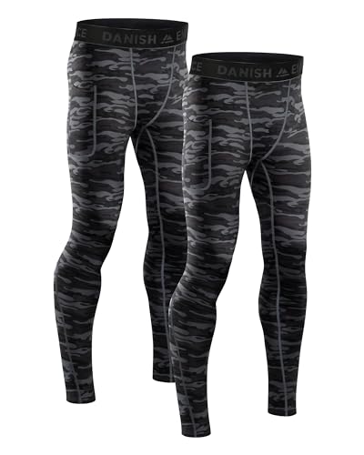 DANISH ENDURANCE Kompressionshose, Lange Laufhose, Sport-Leggings mit Taschen, Leicht & Bequem, für Herren, 2er Pack Grau Camo L von DANISH ENDURANCE