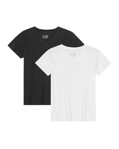 DANISH ENDURANCE Kurzarm Shirt aus Modal & Bio-Baumwolle, Rund- oder V-Ausschnitt, für Damen (1er | 2er Pack), Mehrfarbig (1xweiß, 1xschwarz) - 2er Pack, L von DANISH ENDURANCE