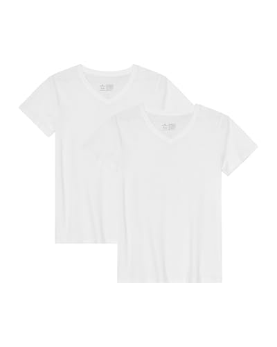 DANISH ENDURANCE Kurzarm Shirt aus Modal & Bio-Baumwolle, Rund- oder V-Ausschnitt, für Damen (1er | 2er Pack), V-Ausschnitt- Weiß- 2er Pack, XL von DANISH ENDURANCE