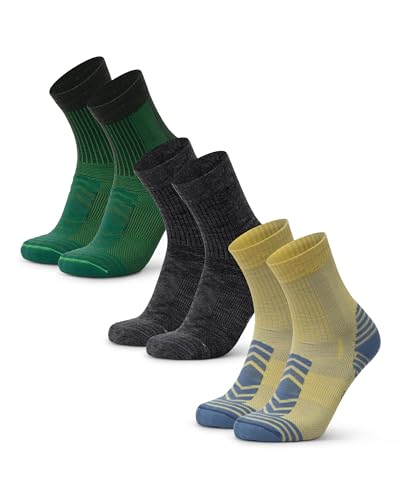 DANISH ENDURANCE Leichte Merino Wolle Wandersocken, Sommer Wollsocken, Unisex, für Herren & Damen, 3 Paar, Mehrfarbig (1xGrün, 1xDunkelgrau, 1xGelb), 43-47 von DANISH ENDURANCE