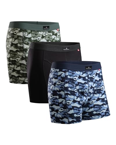 Herren Boxershorts, 3er Pack Classic Unterhosen aus weicher Baumwolle, Retroshorts, Cotton Essential, Schwarz, Grau, Blau (Mehrfarbig (1x Camouflage Blau, 1x Schwarz, 1x Camouflage Grün), 3x_l) von DANISH ENDURANCE