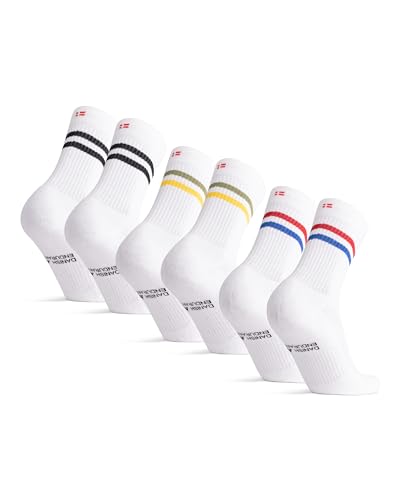 Retro Tennissocken, für Herren & Damen, Performance Crew, Sportsocken 3 Paare (Weiß Mehrfarbig Retro (1 x Roter/blauer Streifen, 1 x Schwarzer Streifen, 1 x Grüner/gelber Streifen), EU 39-42) von DANISH ENDURANCE