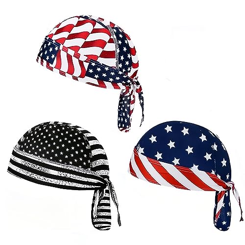 DANLCUPL 3 Stück DOO Rags Dew Rag Skull Cap Piratenhut Kühlkopf Wrap Bandana Helm Liner für Herren Radfahren Motorrad, Amerikanische Flagge Rot Schwarz, S/L von DANLCUPL