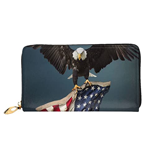 DANLIM Damen Leder Geldbörse Handheld Bag Karten Tasche Reißverschluss Geldbörse 3D Glatzenadler fliegt mit amerikanischer Flagge, 3D Glatzenadler fliegt mit amerikanischer Flagge, Einheitsgröße von DANLIM