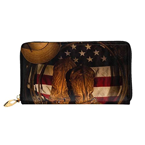 DANLIM Damen Leder Geldbörse Handheld Bag Kartentasche Reißverschluss Geldbörse Afrikanischer Leopard On Rock, Amerikanische Flagge mit Cowboy-Stiefeln, Einheitsgröße, Classic von DANLIM