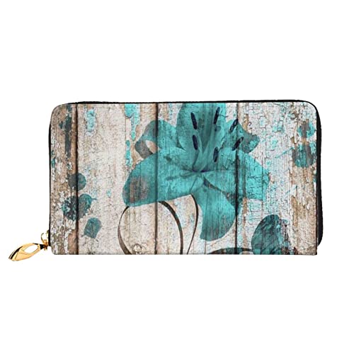 DANLIM Damen Leder Geldbörse Handheld Bag Kartentasche Reißverschluss Geldbörse Afrikanischer Leopard On Rock, Blaugrüne Blume auf Holzdiele, Einheitsgröße von DANLIM