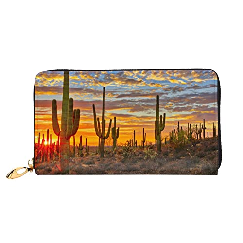 DANLIM Damen Leder Geldbörse Handheld Bag Kartentasche Reißverschluss Geldbörse Afrikanischer Leopard On Rock, Kaktus im Sonnenuntergang in der Wüste, Einheitsgröße von DANLIM