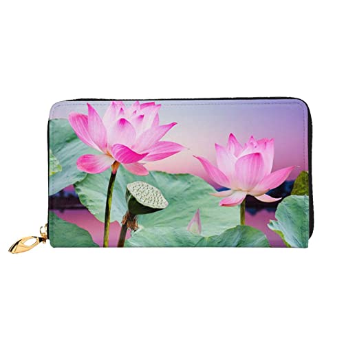 DANLIM Damen Leder Geldbörse Handheld Tasche Kartentasche Reißverschluss Geldbörse Griechenland Geschichte Gebäude, Rosa Lotusblumen, Einheitsgröße von DANLIM