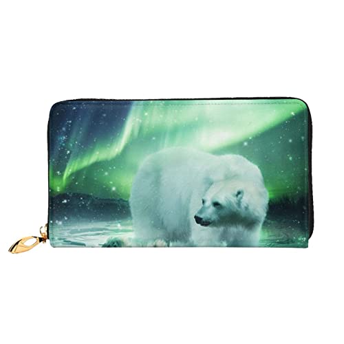 DANLIM Damen Leder Geldbörse Handheld Tasche Kartentasche Reißverschluss Geldbörse Holzmaserung, Northern Lights Bär, Einheitsgröße von DANLIM