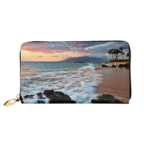 DANLIM Damen Leder Geldbörse Handheld Tasche Kartentasche Reißverschluss Geldbörse Strand Maui Hawaii Sonnenuntergang Wolken, Strand Maui Hawaii Sonnenuntergang Wolken, Einheitsgröße von DANLIM