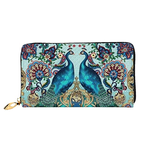 DANLIM Damen Leder Geldbörse Handheld Tasche Kartentasche Reißverschluss Geldbörse Tiere Stickerei Gemälde Pferde, Eleganter Pfau, Einheitsgröße von DANLIM