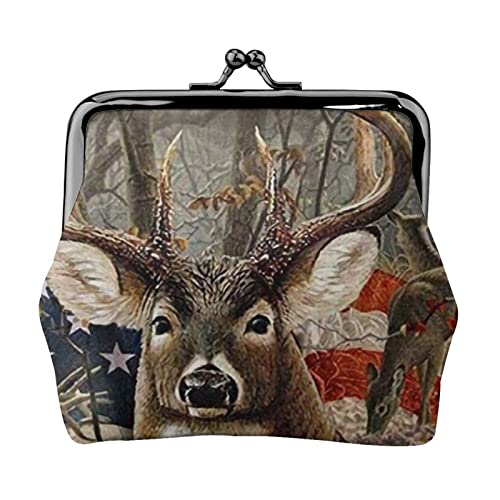 Danlim Damen Leder Münzbörse Vintage Kleine Geldbörse Bargeld Tasche mit Kiss Lock Americana Flagge Hirsch, Schwarz, Einheitsgröße, Neutral von DANLIM