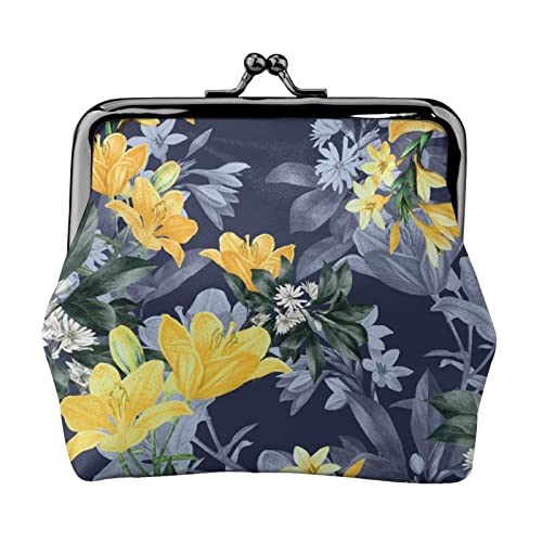 Danlim Damen Leder Münzbörse Vintage Kleine Geldbörse Bargeld Tasche mit Kiss Lock Blau Basis Gelb Blumen, Schwarz, Einheitsgröße, Neutral von DANLIM