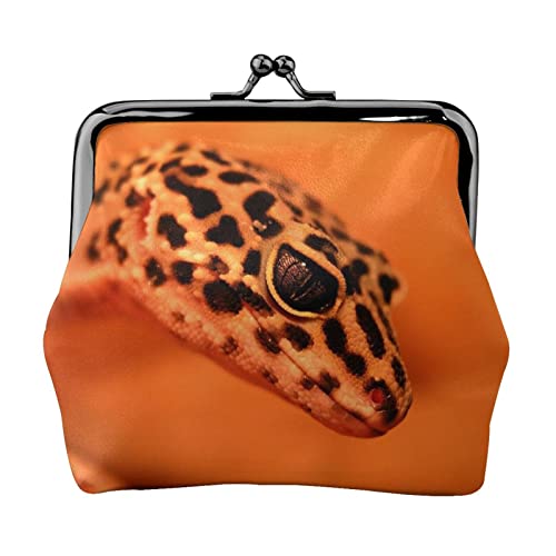 Danlim Damen Leder Münzbörse Vintage Kleine Geldbörse Bargeld Tasche mit Kiss Lock Leopard Little Gecko, Schwarz, Einheitsgröße, Neutral von DANLIM