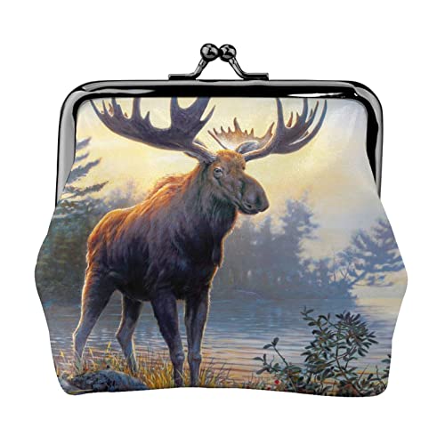 Danlim Damen Leder Münzbörse Vintage Kleine Geldbörse Bargeld Tasche mit Kuss Schloss Tier Northern Deer, Schwarz, Einheitsgröße, Neutral von DANLIM