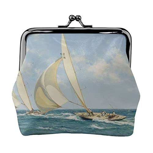 Danlim Mode Leder Münzbörse Vintage Kleine Geldbörse Kartenpaket Bargeld Tasche Segelboot Schiff Landschaft Schwarz Einheitsgröße Neutral, Schwarz , Einheitsgröße, Neutral von DANLIM