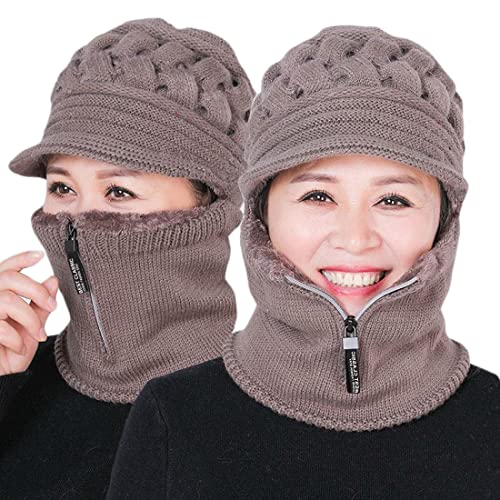 Fleece gefütterte Damen Beanie-Mütze, Wintermütze, Schal, Masken-Set, Damen-Wintermütze, mittelalter und alter warmer Ohrenschützer, 1 x Khaki (Reißverschluss), Einheitsgröße von DANMY