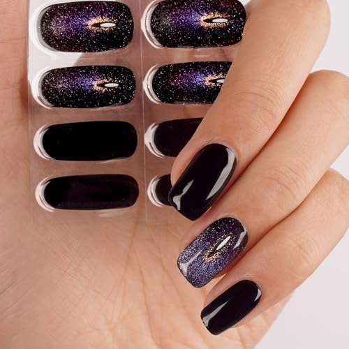 DANNI & TONI Halb ausgehärtete Gel Nagelfolien (Galactic Glimmer) Schwarzes und lila Katzenauge Glänzend Nagelset uv Gel Nagelfolie Nageldesign Nagelfolie Selbstklebend Wraps 28 Aufkleber von DANNI & TONI