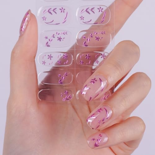 DANNI & TONI Halb ausgehärtete Gel Nagelfolien (Lavender Chrome)3D-Violettblumen Nagelset mit Reliefeffekt uv Gel Nagelfolie Nagelsticker Nageldesign Selbstklebend Wraps 28 Aufkleber von DANNI & TONI