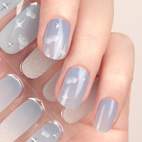 DANNI & TONI Halb ausgehärtete Gel Nagelfolien (Midsummer Sky) Blau Wolke Stern Glänzend Nagelset uv Gel Nagelfolie Nageldesign Nagelfolie Selbstklebend Wraps 28 Aufkleber von DANNI & TONI