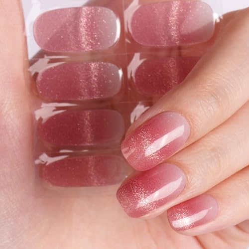 DANNI & TONI Halb ausgehärtete Gel Nagelfolien (Peachy Gleam) Rosa Katzenauge Verlauf Nagelset uv Gel Nagelfolie Nageldesign Nagelfolie Selbstklebend Wraps 28 Aufkleber von DANNI & TONI