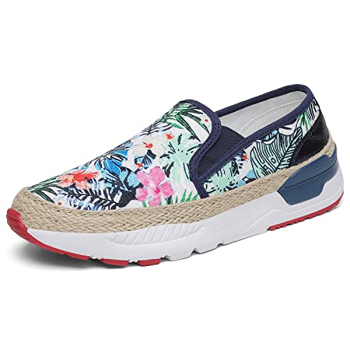 DANNTO Damen Kunst Loafers Bestickte Floral Boot Sneaker Slip-On Damen Walking Schuhe Blau Weiß, 38 von DANNTO