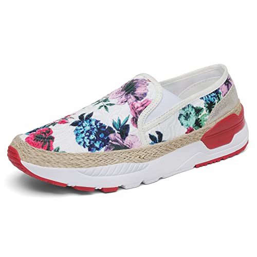 DANNTO Damen Kunst Loafers Bestickte Floral Boot Sneaker Slip-On Damen Walking Schuhe Rot Weiß, 40 von DANNTO