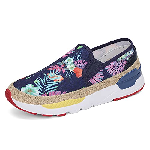 DANNTO Damen Kunst Loafers Bestickte Floral Boot Sneaker Slip-On Damen Walking Schuhe Tiefblau, 38 von DANNTO