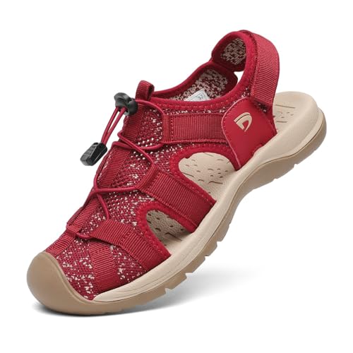 DANNTO Damen Sportsandalen Trekking Sandalen Outdoorsandale Geschlossene Gummi Wandersandalen Sommer Leichte für Reisen Wandern(Rot-A,38) von DANNTO