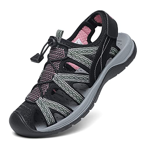 DANNTO Damen Sportsandalen Trekking Sandalen Outdoorsandale Geschlossene Gummi Wandersandalen Sommer Leichte für Reisen Wandern(Schwarz-B,37) von DANNTO