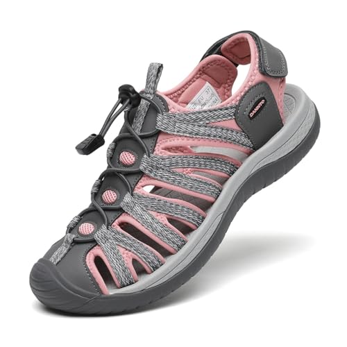 DANNTO Sandalen Damen Trekking Sportsandalen Outdoorsandale Geschlossene Gummi Wandersandalen Sommer für Reisen（Grau,37） von DANNTO