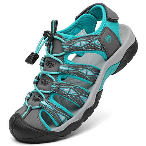 DANNTO Sportsandalen Damen Trekking Sandalen Outdoorsandale Geschlossene Gummi Wandersandalen Sommer für Reisen（Grau blau,36） von DANNTO