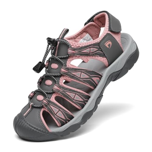 DANNTO Sportsandalen Damen Trekking Sandalen Outdoorsandale Geschlossene Gummi Wandersandalen Sommer für Reisen（Grau rosa,37） von DANNTO