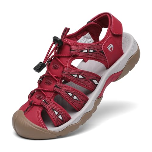 DANNTO Sportsandalen Damen Trekking Sandalen Outdoorsandale Geschlossene Gummi Wandersandalen Sommer für Reisen（Rot,37） von DANNTO