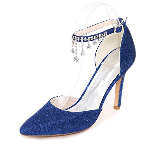DANOBAB Brautschuhe Kleid Braut Frauen High Heels Spitze Kätzchen Geschlossene Spitze Strass Herbst/Pumps Chunky Toe,Blau,41 von DANOBAB