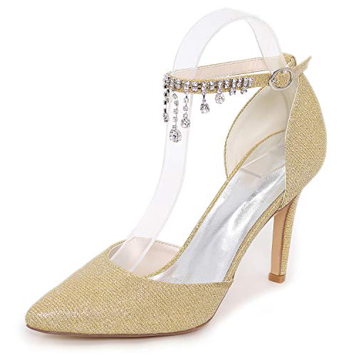 DANOBAB Brautschuhe Kleid Braut Frauen High Heels Spitze Kätzchen Geschlossene Spitze Strass Herbst/Pumps Chunky Toe,Gold,38 DANOBAB Brautschuhe Kleid Braut Frauen High Heels Spitze Kätzchen Geschlossene Spitze Strass Herbst/Pumps Chunky Toe,Gold,38 von DANOBAB