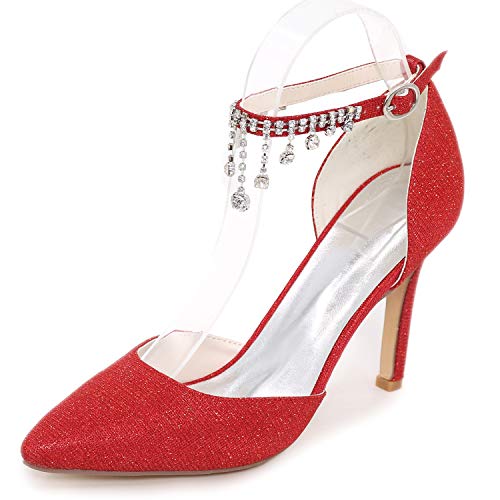DANOBAB Brautschuhe Kleid Braut Frauen High Heels Spitze Kätzchen Geschlossene Spitze Strass Herbst/Pumps Chunky Toe,Rot,40 von DANOBAB