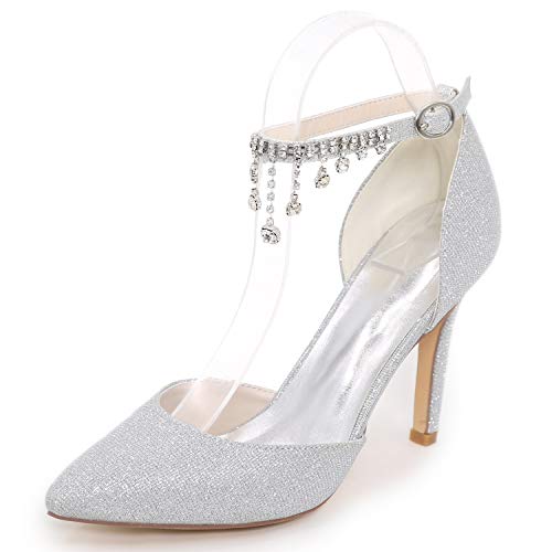 DANOBAB Brautschuhe Kleid Braut Frauen High Heels Spitze Kätzchen Geschlossene Spitze Strass Herbst/Pumps Chunky Toe,Silber,40 von DANOBAB